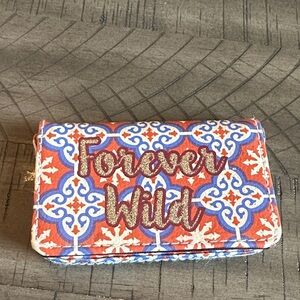 Patterned Structured Snap Close Wallet with Gold Glitter Script